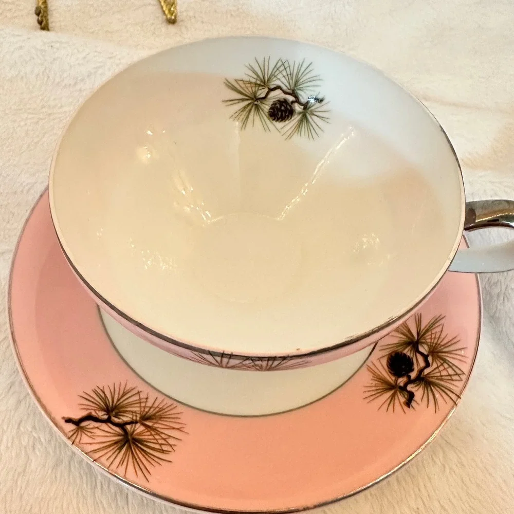 Unbranded Vintage Tea Cup and Saucer Set Pink Excellent Pine Cone Silver Trim